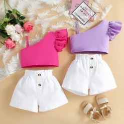 2 Pieces Kids Girls' Children's Day Solid Color Halter Tank Top & Shorts Set Set Sleeveless Fashion Outdoor Cotton 3-7 Years Summer Red Purple