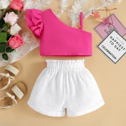 2 Pieces Kids Girls' Children's Day Solid Color Halter Tank Top & Shorts Set Set Sleeveless Fashion Outdoor Cotton 3-7 Years Summer Red Purple