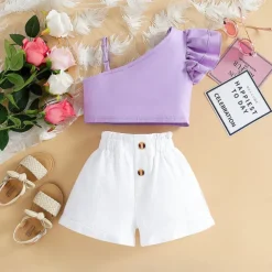 2 Pieces Kids Girls' Children's Day Solid Color Halter Tank Top & Shorts Set Set Sleeveless Fashion Outdoor Cotton 3-7 Years Summer Red Purple