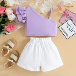 2 Pieces Kids Girls' Children's Day Solid Color Halter Tank Top & Shorts Set Set Sleeveless Fashion Outdoor Cotton 3-7 Years Summer Red Purple