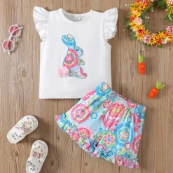 2 Pieces Kids Girls' Easter Rabbit Ruffle Tank Top & Shorts Set Set Sleeveless Fashion Outdoor 4 years+ Summer White