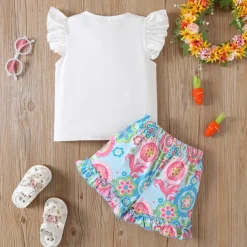 2 Pieces Kids Girls' Easter Rabbit Ruffle Tank Top & Shorts Set Set Sleeveless Fashion Outdoor 4 years+ Summer White