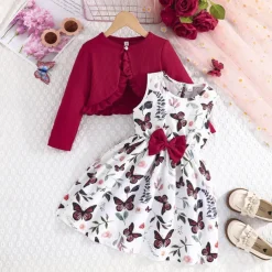 2 Pieces Kids Girls' Floral Tie Knot Dress Suits Set Long Sleeve Fashion School 4 years+ Summer Pink Red Blue
