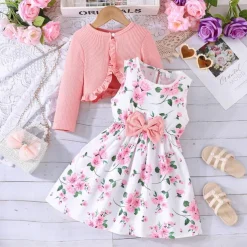 2 Pieces Kids Girls' Floral Tie Knot Dress Suits Set Long Sleeve Fashion School 4 years+ Summer Pink Red Blue