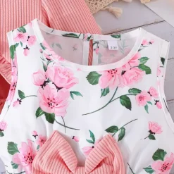 2 Pieces Kids Girls' Floral Tie Knot Dress Suits Set Long Sleeve Fashion School 4 years+ Summer Pink Red Blue