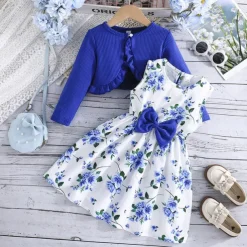 2 Pieces Kids Girls' Floral Tie Knot Dress Suits Set Long Sleeve Fashion School 4 years+ Summer Pink Red Blue