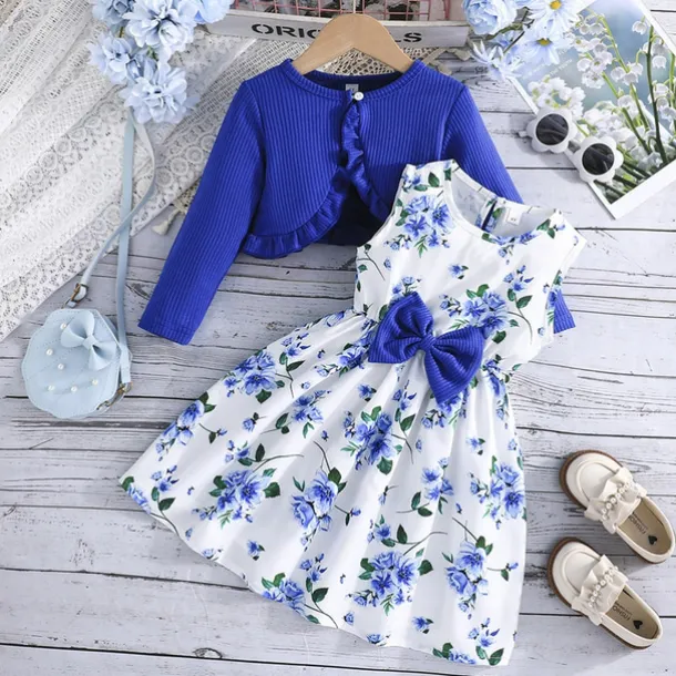 2 Pieces Kids Girls' Floral Tie Knot Dress Suits Set Long Sleeve Fashion School 4 years+ Summer Pink Red Blue