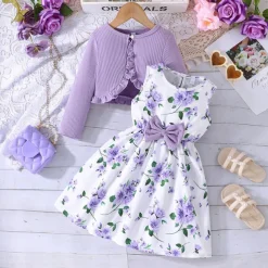 2 Pieces Kids Girls' Floral Tie Knot Dress Suits Set Long Sleeve Fashion School 4 years+ Summer Pink Red Blue