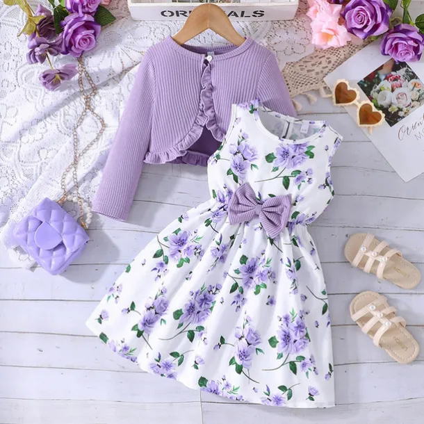 2 Pieces Kids Girls' Floral Tie Knot Dress Suits Set Long Sleeve Fashion School 4 years+ Summer Pink Red Blue