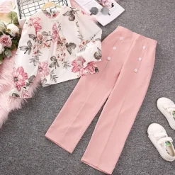 2 Pieces Kids Girls' Floral Crewneck Sweatshirt & Sweatpants Set Set Long Sleeve Fashion Outdoor Cotton 7-13 Years Summer Pink