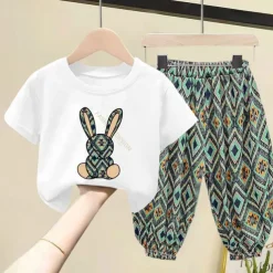 2 Pieces Kids Girls' Geometric Pants Suit Set Short Sleeve Fashion Outdoor Cotton 3-7 Years Summer Black White Yellow