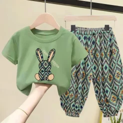 2 Pieces Kids Girls' Geometric Pants Suit Set Short Sleeve Fashion Outdoor Cotton 3-7 Years Summer Black White Yellow