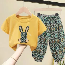 2 Pieces Kids Girls' Geometric Pants Suit Set Short Sleeve Fashion Outdoor Cotton 3-7 Years Summer Black White Yellow
