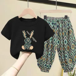 2 Pieces Kids Girls' Geometric Pants Suit Set Short Sleeve Fashion Outdoor Cotton 3-7 Years Summer Black White Yellow