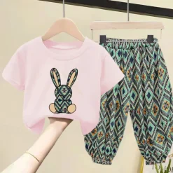 2 Pieces Kids Girls' Geometric Pants Suit Set Short Sleeve Fashion Outdoor Cotton 3-7 Years Summer Black White Yellow