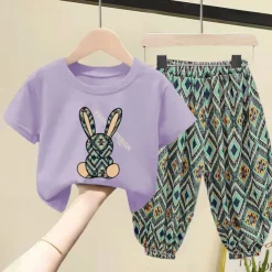 2 Pieces Kids Girls' Geometric Pants Suit Set Short Sleeve Fashion Outdoor Cotton 3-7 Years Summer Black White Yellow