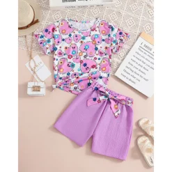 2 Pieces Kids Girls' Graphic Crewneck Shirt & Shorts Set Short Sleeve Fashion School 7-13 Years Summer Purple