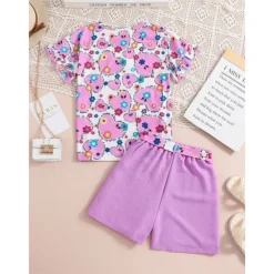 2 Pieces Kids Girls' Graphic Crewneck Shirt & Shorts Set Short Sleeve Fashion School 7-13 Years Summer Purple