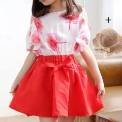 3 Pieces Kids Girls' Graphic Skirt & Shirt Set Short Sleeve Fashion Outdoor 7-13 Years Summer Red Blue Green