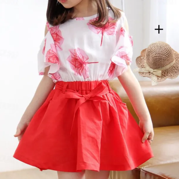 3 Pieces Kids Girls' Graphic Skirt & Shirt Set Short Sleeve Fashion Outdoor 7-13 Years Summer Red Blue Green