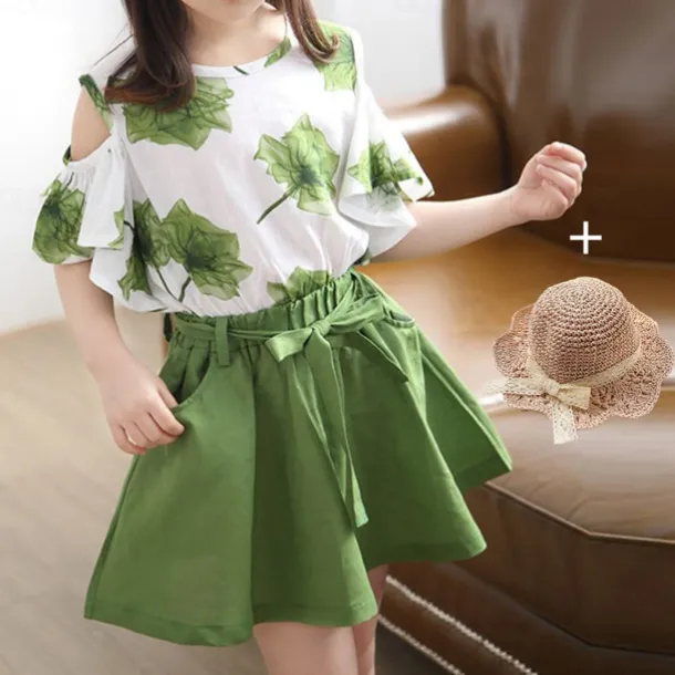 3 Pieces Kids Girls' Graphic Skirt & Shirt Set Short Sleeve Fashion Outdoor 7-13 Years Summer Red Blue Green