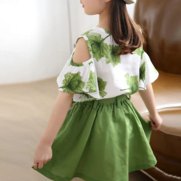 3 Pieces Kids Girls' Graphic Skirt & Shirt Set Short Sleeve Fashion Outdoor 7-13 Years Summer Red Blue Green