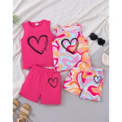 2 Pieces Kids Girls' Heart Crewneck Tank Top & Shorts Set Set Sleeveless Active Outdoor 4-7 Years Summer Pink