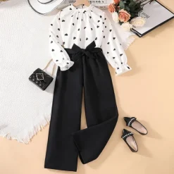 2 Pieces Kids Girls' Polka Dot Tie Knot Pants Suit Set Long Sleeve Active School 7-13 Years Spring White