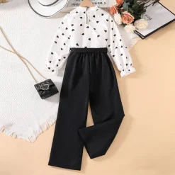 2 Pieces Kids Girls' Polka Dot Tie Knot Pants Suit Set Long Sleeve Active School 7-13 Years Spring White