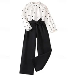 2 Pieces Kids Girls' Polka Dot Tie Knot Pants Suit Set Long Sleeve Active School 7-13 Years Spring White