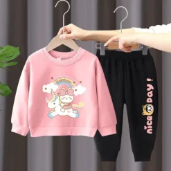 2 Pieces Kids Girls' Rainbow Crewneck Hoodie & Sweatpants Set Set Long Sleeve Active Outdoor Cotton 3-7 Years Spring Black unicorn sweater + nice black pants Black unicorn sweater + nice gray pants