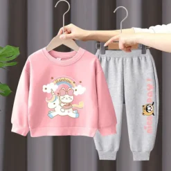 2 Pieces Kids Girls' Rainbow Crewneck Hoodie & Sweatpants Set Set Long Sleeve Active Outdoor Cotton 3-7 Years Spring Black unicorn sweater + nice black pants Black unicorn sweater + nice gray pants