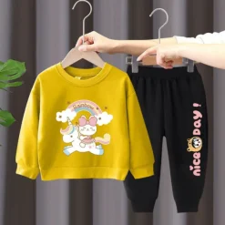 2 Pieces Kids Girls' Rainbow Crewneck Hoodie & Sweatpants Set Set Long Sleeve Active Outdoor Cotton 3-7 Years Spring Black unicorn sweater + nice black pants Black unicorn sweater + nice gray pants