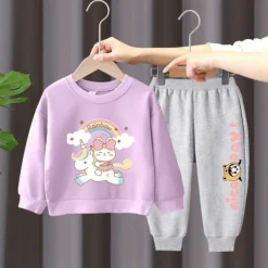 2 Pieces Kids Girls' Rainbow Crewneck Hoodie & Sweatpants Set Set Long Sleeve Active Outdoor Cotton 3-7 Years Spring Black unicorn sweater + nice black pants Black unicorn sweater + nice gray pants