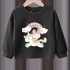 2 Pieces Kids Girls' Rainbow Crewneck Hoodie & Sweatpants Set Set Long Sleeve Active Outdoor Cotton 3-7 Years Spring Black unicorn sweater + nice black pants Black unicorn sweater + nice gray pants