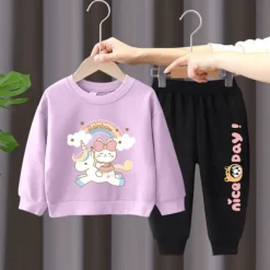 2 Pieces Kids Girls' Rainbow Crewneck Hoodie & Sweatpants Set Set Long Sleeve Active Outdoor Cotton 3-7 Years Spring Black unicorn sweater + nice black pants Black unicorn sweater + nice gray pants