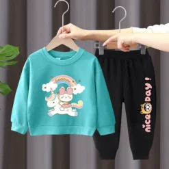 2 Pieces Kids Girls' Rainbow Crewneck Hoodie & Sweatpants Set Set Long Sleeve Active Outdoor Cotton 3-7 Years Spring Black unicorn sweater + nice black pants Black unicorn sweater + nice gray pants