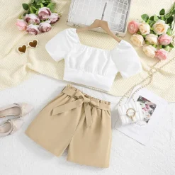 2 Pieces Kids Girls' Solid Color Shorts Suit Set Short Sleeve Fashion Outdoor 3-7 Years Summer White