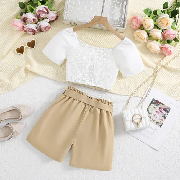 2 Pieces Kids Girls' Solid Color Shorts Suit Set Short Sleeve Fashion Outdoor 3-7 Years Summer White