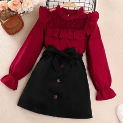 2 Pieces Kids Girls' Solid Color Skirt & Shirt Set Long Sleeve Active Outdoor 7-13 Years Winter Red