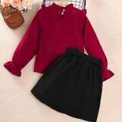 2 Pieces Kids Girls' Solid Color Skirt & Shirt Set Long Sleeve Active Outdoor 7-13 Years Winter Red