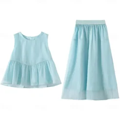 2 Pieces Kids Girls' Solid Color Pants Suit Set Sleeveless Fashion Outdoor 3-7 Years Summer Blue