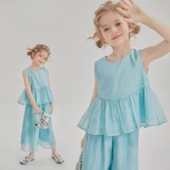 2 Pieces Kids Girls' Solid Color Pants Suit Set Sleeveless Fashion Outdoor 3-7 Years Summer Blue