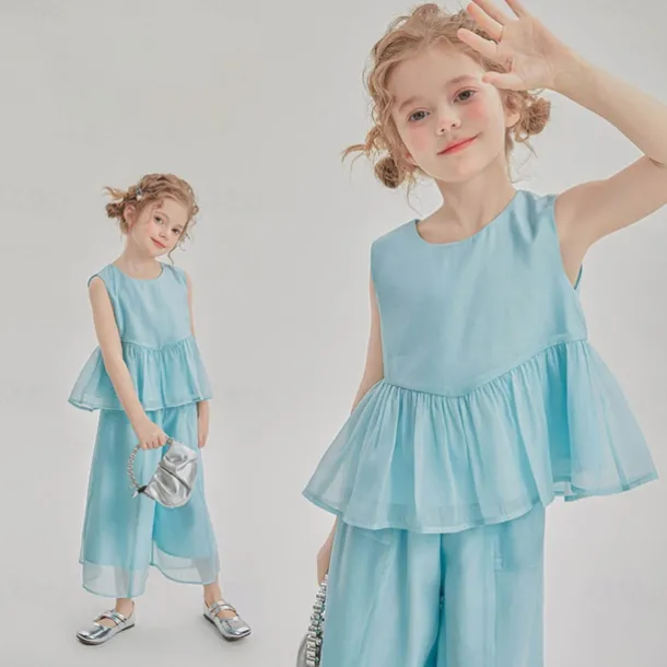 2 Pieces Kids Girls' Solid Color Pants Suit Set Sleeveless Fashion Outdoor 3-7 Years Summer Blue