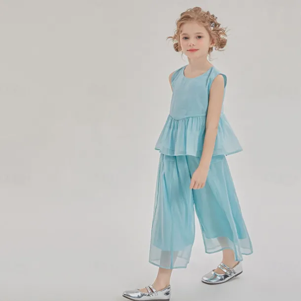 2 Pieces Kids Girls' Solid Color Pants Suit Set Sleeveless Fashion Outdoor 3-7 Years Summer Blue