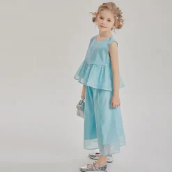 2 Pieces Kids Girls' Solid Color Pants Suit Set Sleeveless Fashion Outdoor 3-7 Years Summer Blue