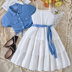 2 Pieces Kids Girls' Solid Color Dress Suits Set Sleeveless Fashion School 7-13 Years Summer White
