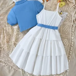 2 Pieces Kids Girls' Solid Color Dress Suits Set Sleeveless Fashion School 7-13 Years Summer White