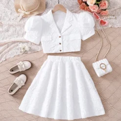 2 Pieces Kids Girls' Solid Color Ruched Dress Suits Set Short Sleeve Fashion School 7-13 Years Summer White