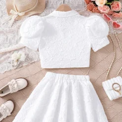 2 Pieces Kids Girls' Solid Color Ruched Dress Suits Set Short Sleeve Fashion School 7-13 Years Summer White